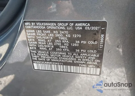 2021 Volkswagen Atlas Cross Sport 2.0T Se z USA, uszkodzony, nr VIN 1V2DC2CA8MC224211